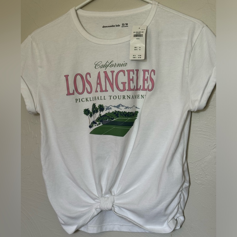 Abercrombie Kids Girls knot-front graphic logo tee size 13/14 NWT